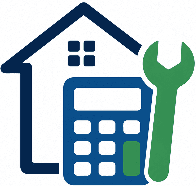 LoanToolsHub logo: navy blue house outline, royal blue calculator with white keys and a green button, and a green wrench for loan and payment tools.